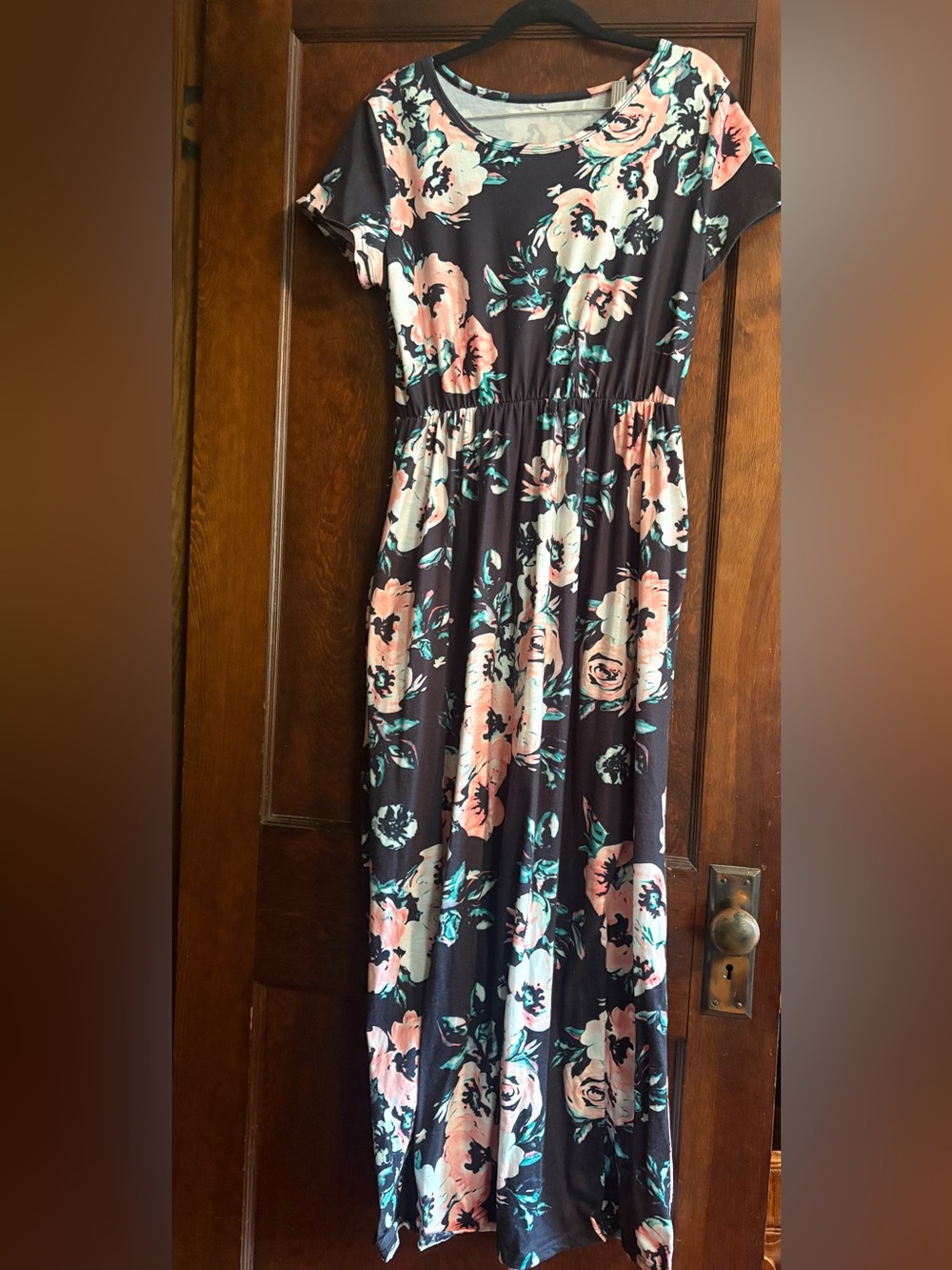 Navy Floral Maxi Dress with Pink & Teal Blooms